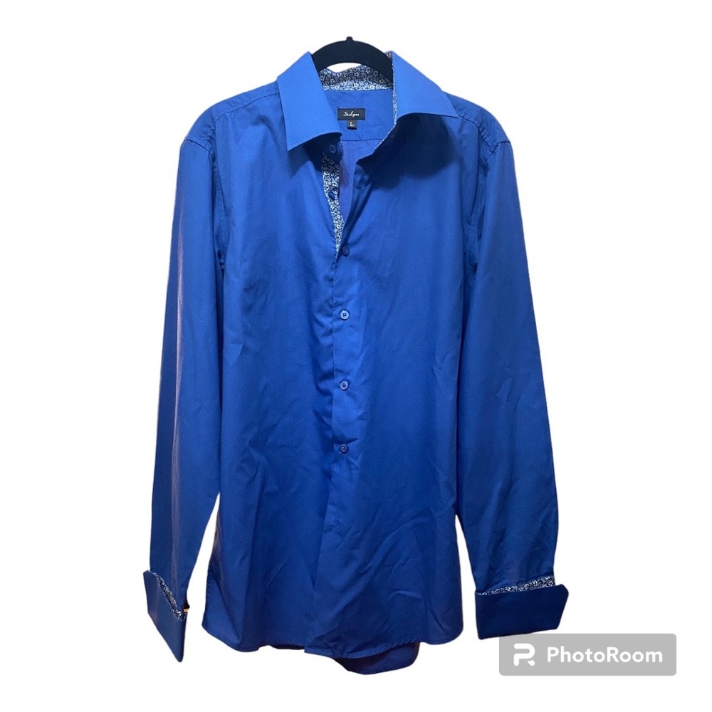 ST. LYNN Men’s Blue Buttondown Shirt Floral Accent on Interfacing & Sleeves Sz L